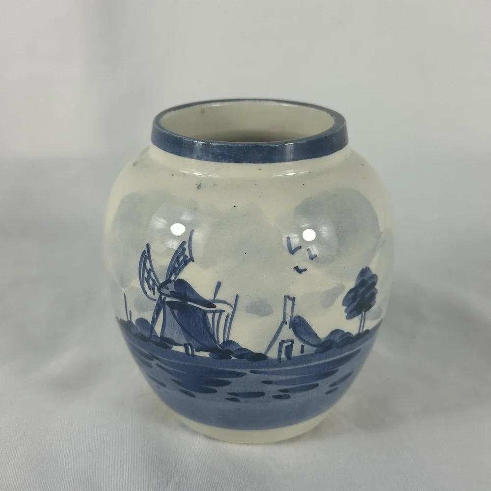Vintage Delfts Handpainted Blue White Windmill Ginger Jar Pair Small 3.5